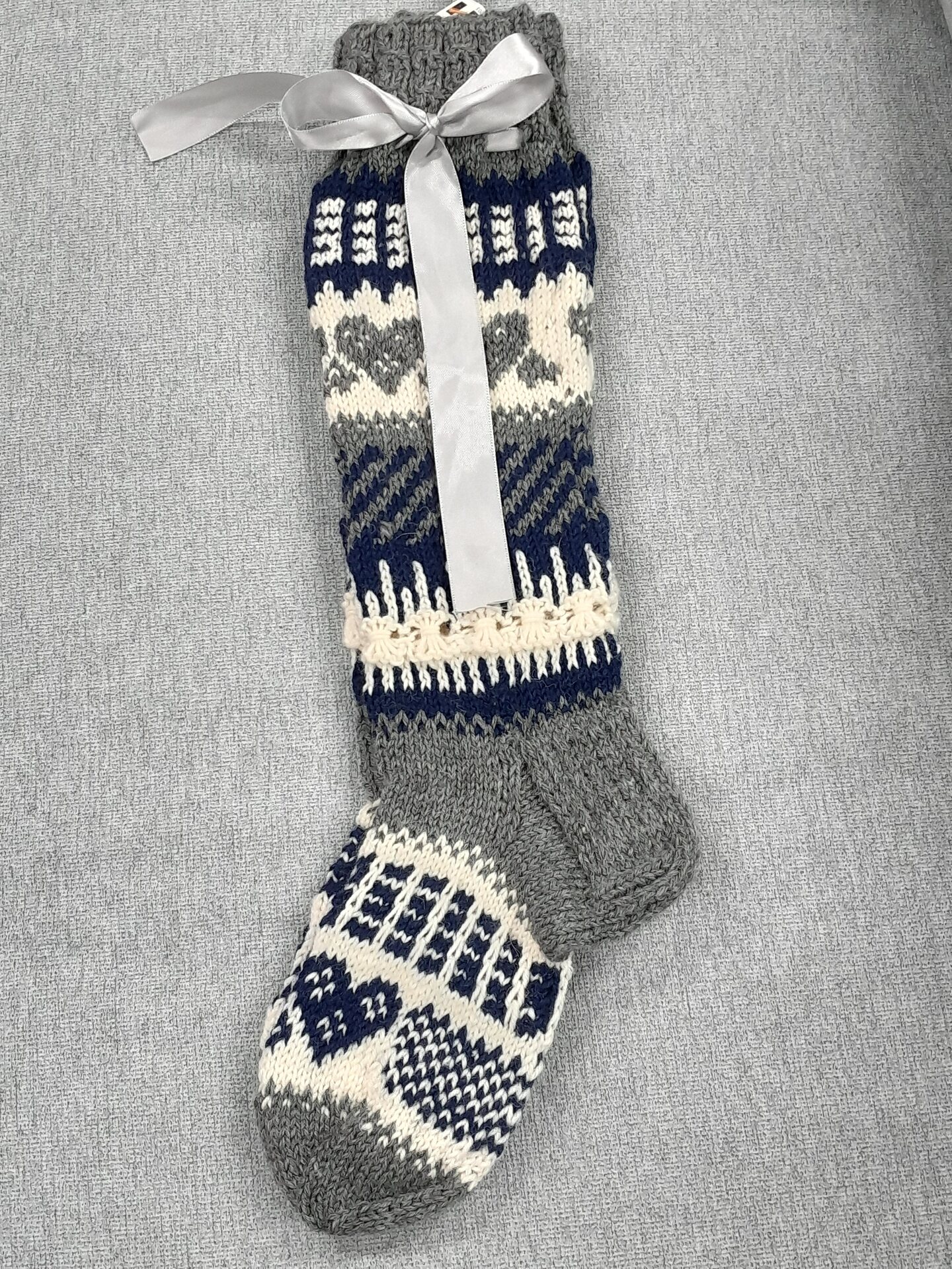 NannakoiKnits Pitkät sukat Harmaa-navy-valkoinen