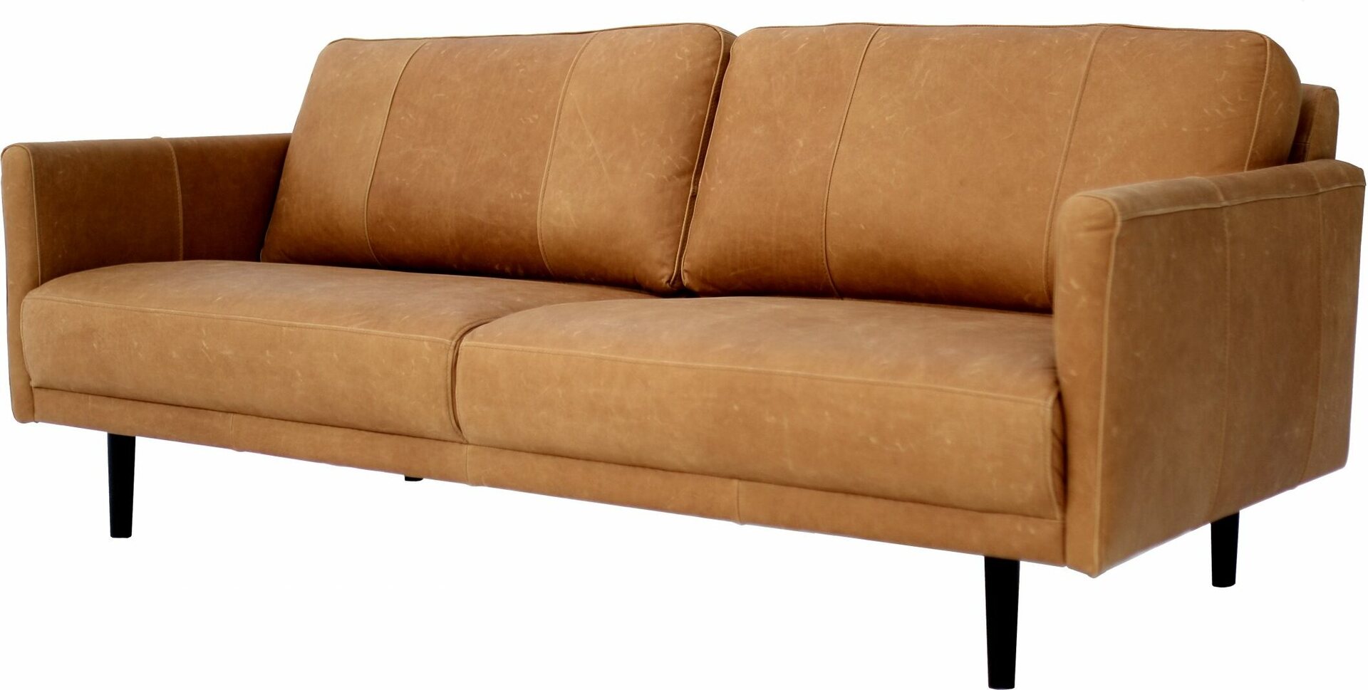 Huonekalukeidas-mallisto Saimaa 197cm, 3-istuttava. Aniliini-kokonahkaverhoilulla Vintage Cognac