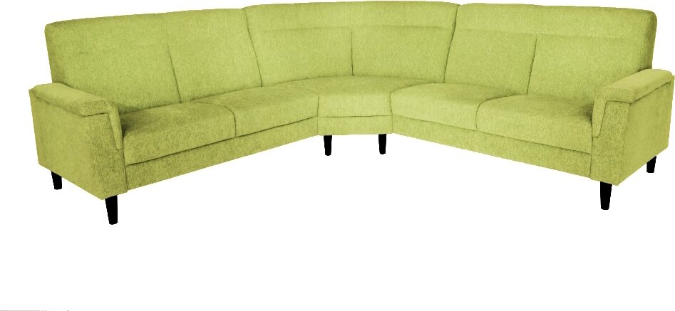 Huonekalukeidas-mallisto Rasmus, 2K2 kulmasohva laajalla kulmapalalla. 255x255cm. Rodeo Lime 403