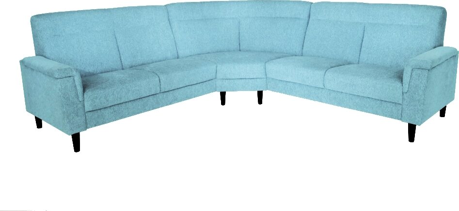 Huonekalukeidas-mallisto Rasmus, 2K2 kulmasohva laajalla kulmapalalla. 255x255cm. Rodeo Turkoosi 513
