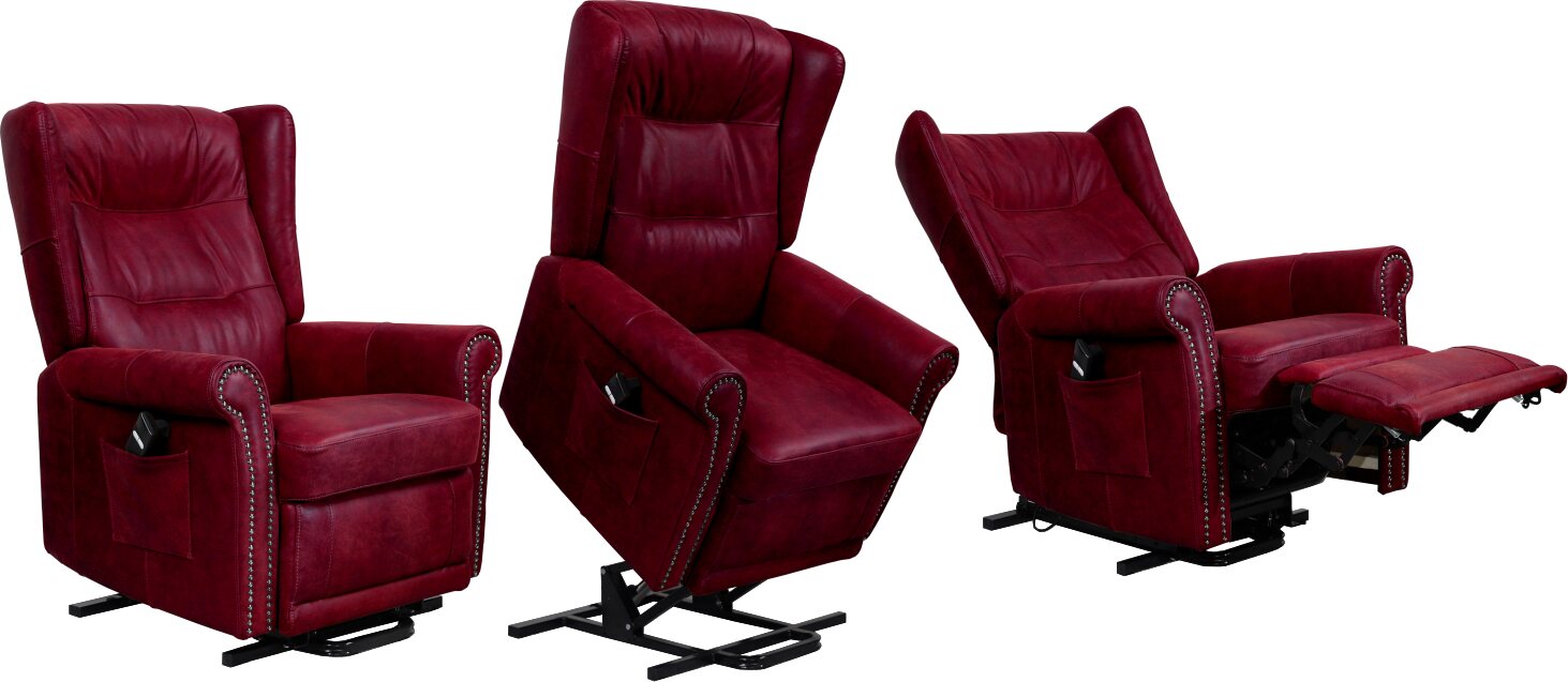 Huonekalukeidas-mallisto Madeleine. Avustava nostotuoli. Sähkösäätöinen. Aniliininahkaverhoilulla. Dubay Oxblood 07 (suojalakattu)