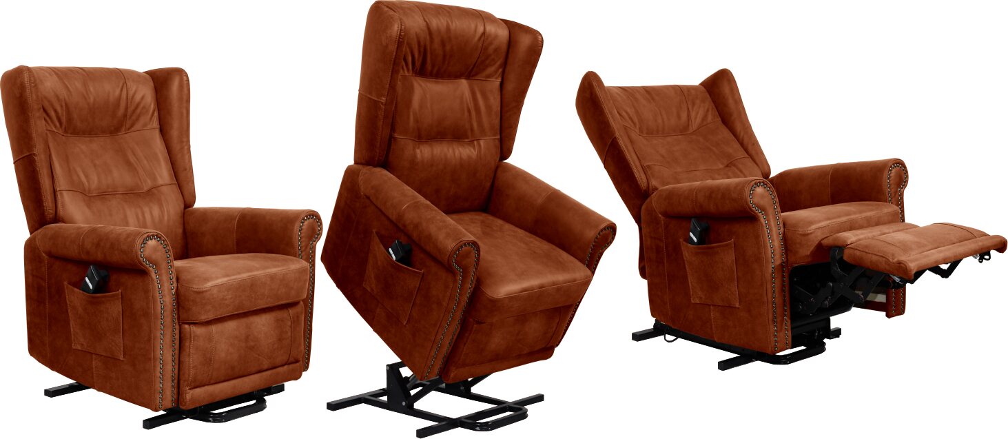 Huonekalukeidas-mallisto Madeleine. Avustava nostotuoli. Sähkösäätöinen. Aniliininahkaverhoilulla. Dubay Antique Brown (suojalakattu)