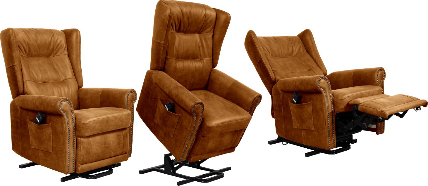 Huonekalukeidas-mallisto Madeleine. Avustava nostotuoli. Sähkösäätöinen. Aniliininahkaverhoilulla. Dubay Cognac (suojalakattu)