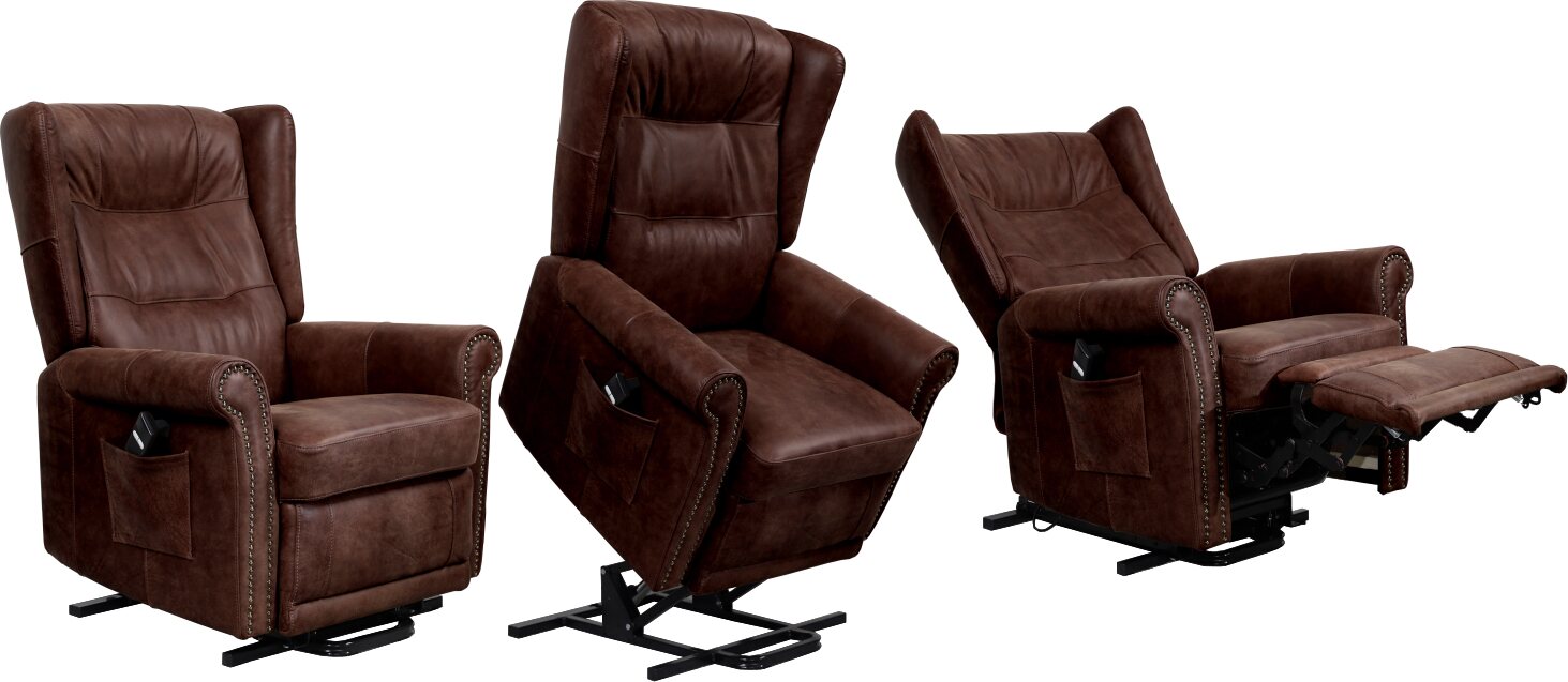 Huonekalukeidas-mallisto Madeleine. Avustava nostotuoli. Sähkösäätöinen. Aniliininahkaverhoilulla. Dubay Pilbara 11 (suojalakattu)