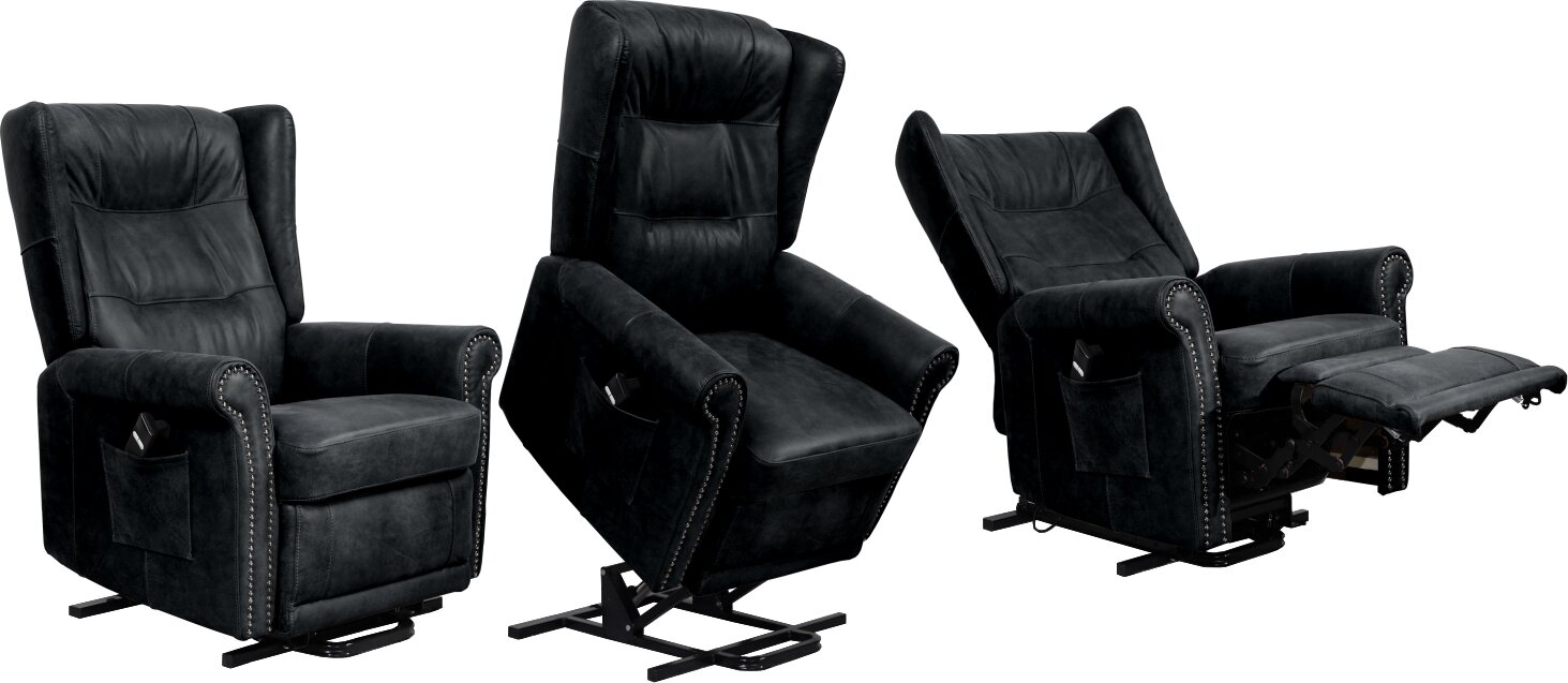 Huonekalukeidas-mallisto Madeleine. Avustava nostotuoli. Sähkösäätöinen. Aniliininahkaverhoilulla. Vintage Black