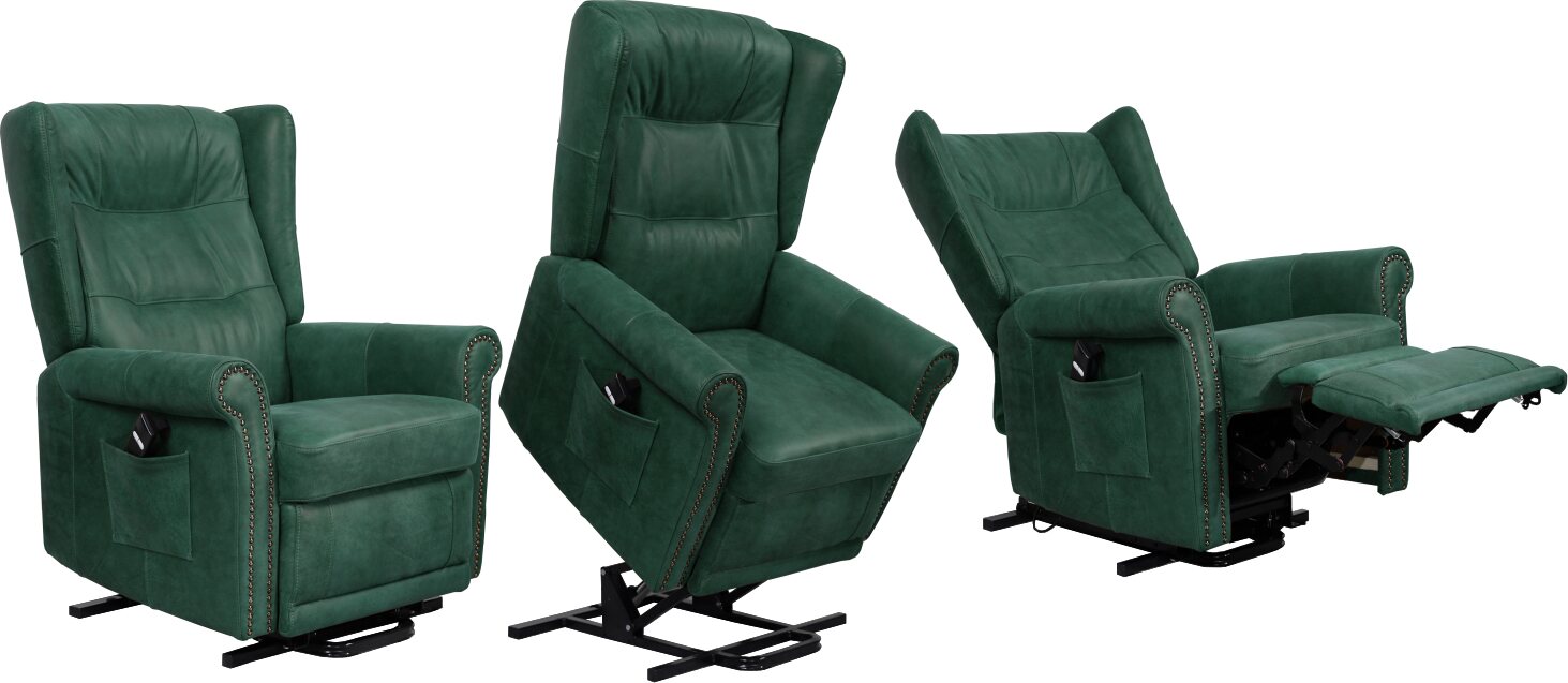 Huonekalukeidas-mallisto Madeleine. Avustava nostotuoli. Sähkösäätöinen. Aniliininahkaverhoilulla. Vintage Bottle Green