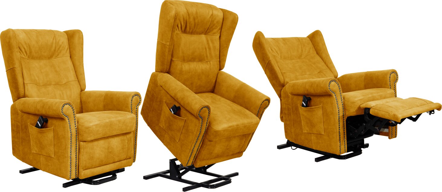 Huonekalukeidas-mallisto Madeleine. Avustava nostotuoli. Sähkösäätöinen. Aniliininahkaverhoilulla. Vintage Cognac