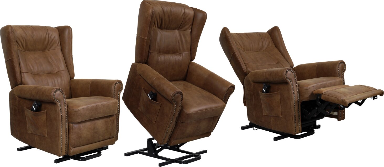 Huonekalukeidas-mallisto Madeleine. Avustava nostotuoli. Sähkösäätöinen. Aniliininahkaverhoilulla. Vintage Rangers