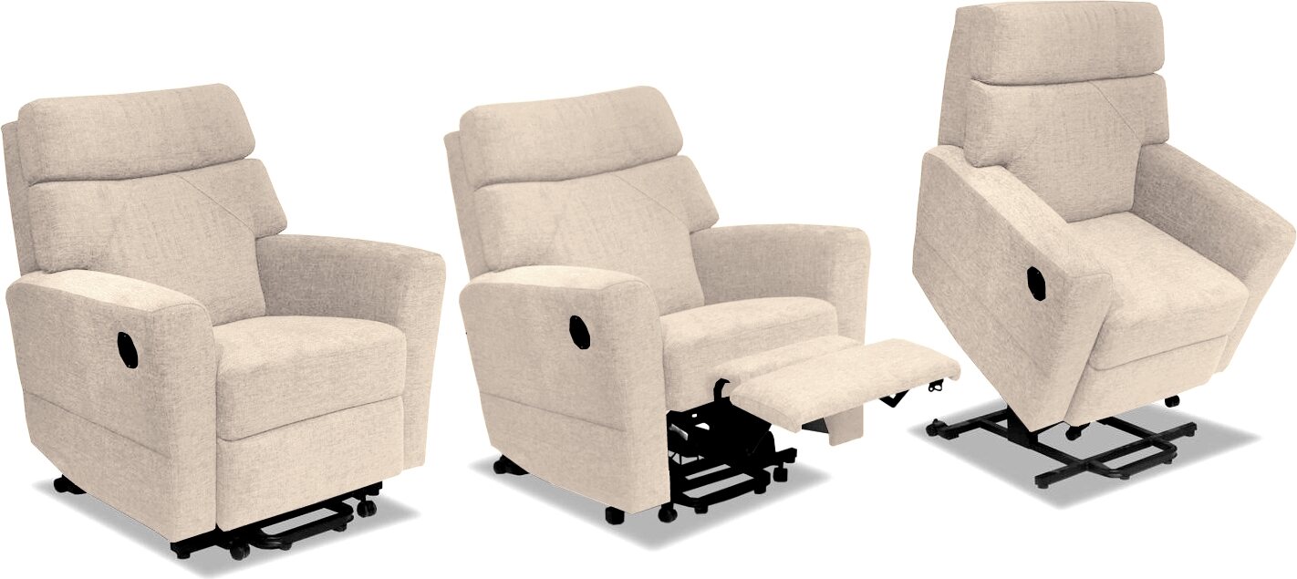 Huonekalukeidas-mallisto Herttua, avustava nostotuoli. Sähkösäätöinen. Monza luonnonvalkoinen