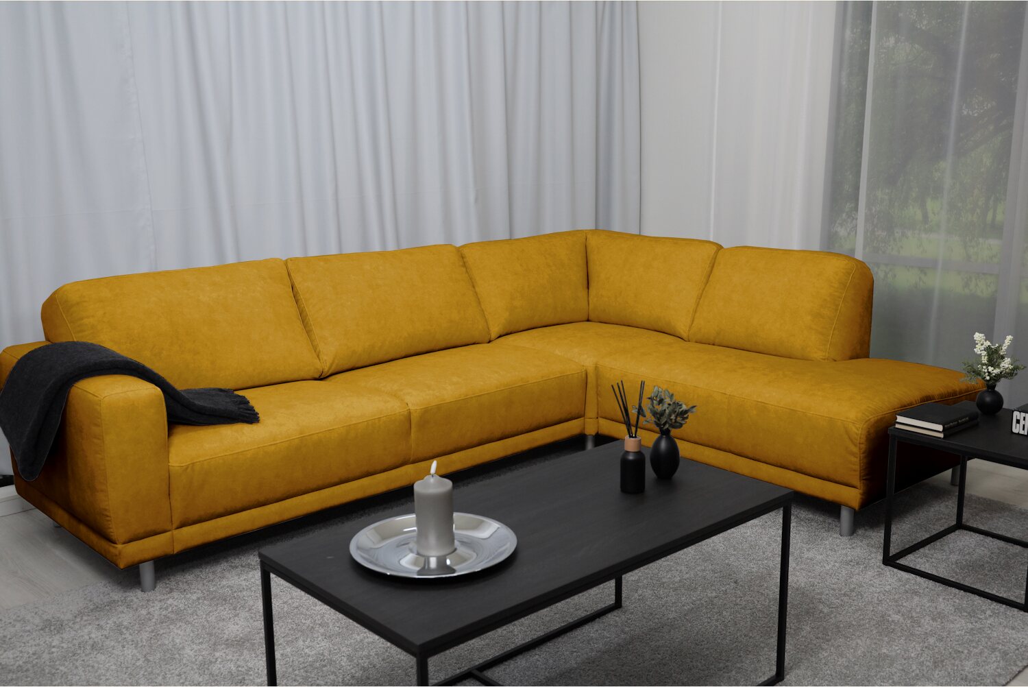 Huonekalukeidas-mallisto Pompano avokulmasohva. Mea-kangasverhoilulla. Useita värivaihtoehtoja. Edestäkatsottuna oikealla